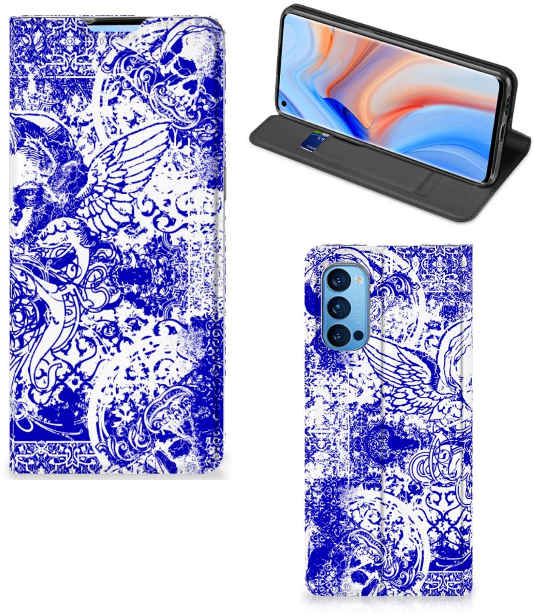 Mobiel BookCase OPPO Reno4 Pro 5G Angel Skull Blauw