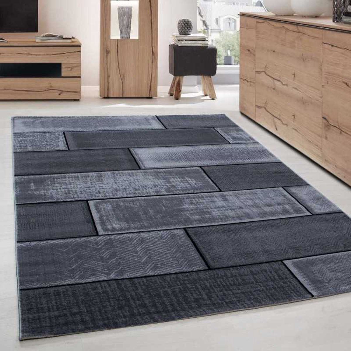 TapisTrend Designer tapijt Zwart 80x300 cm Modern vloerkleed voor de woonkamer, baksteenmotief, kortpolig