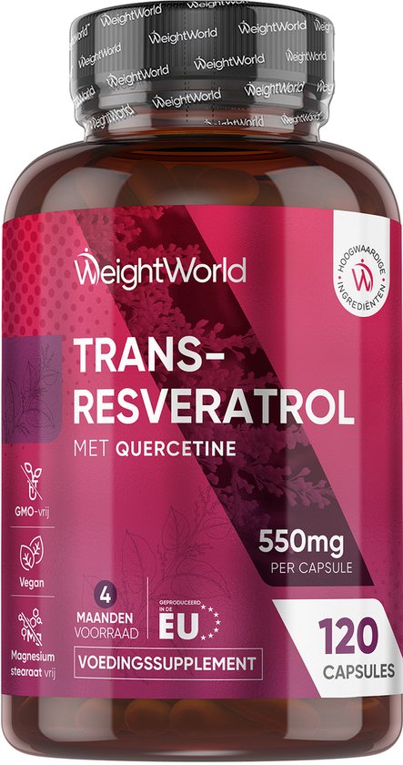 WeightWorld Trans-Resveratrol met Quercetine, 550 mg per capsule, 120 capsules. Rode pot met paars label en bloemmotief.