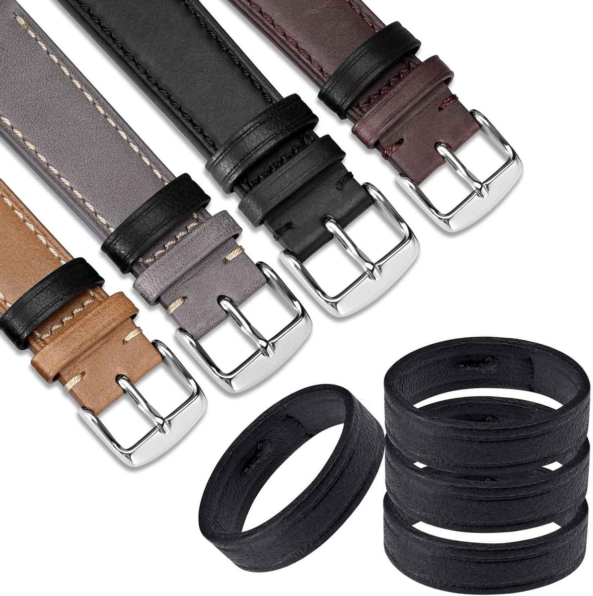 Leren Horlogebandjes Set van 4, Vervangbare Loops voor 18mm, 20mm en 22mm Horloges, Stijlvolle Accessoires voor Elke Gelegenheid