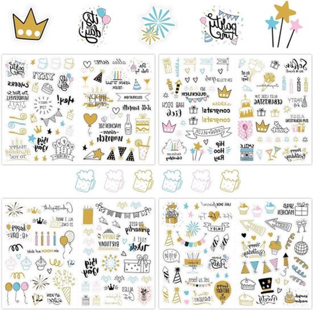 Verjaardagsstickers voor gastenboek, fotoalbum, kaarten & cadeaus - 225 motieven (4 vellen)