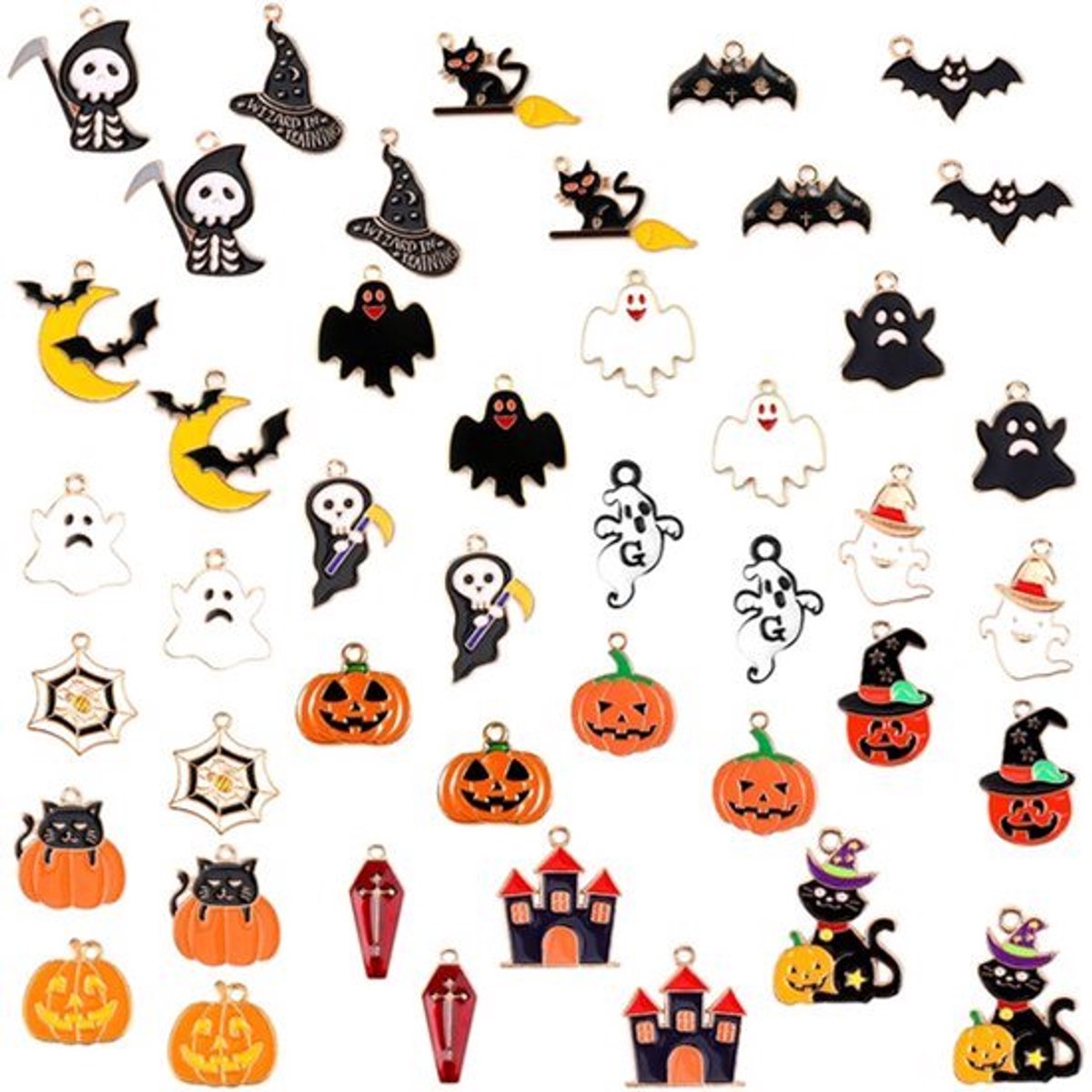 44 Stuks Halloween Hangers - Charms van Cat, Bats en Pompoen - Geschikt voor Sieraden