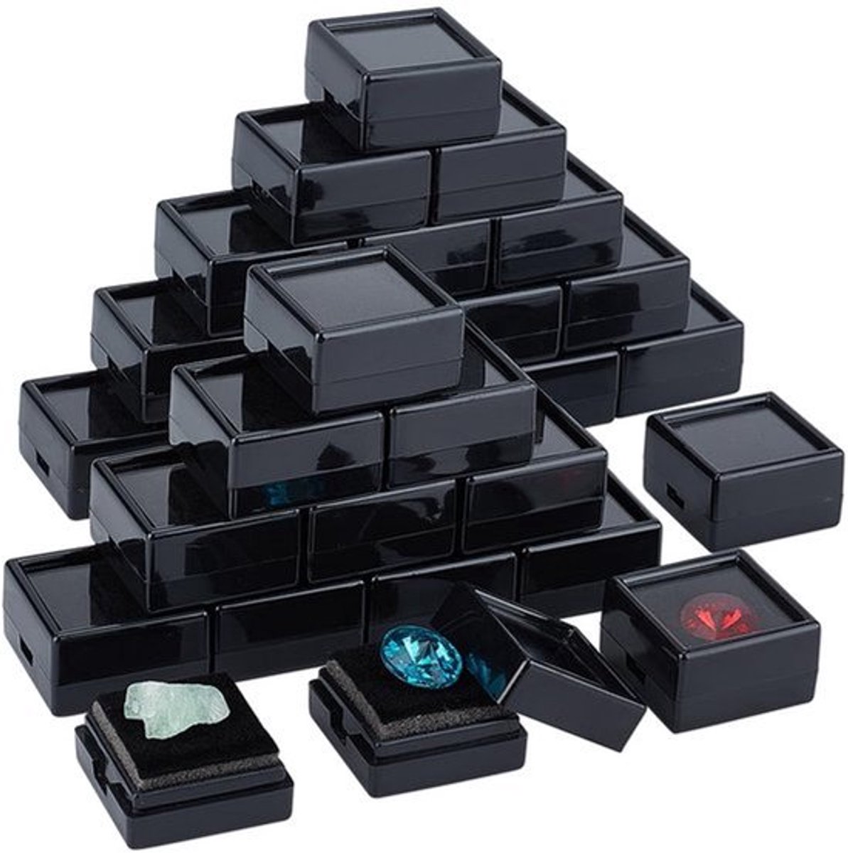 72 Pack Edelsteen Display Box - Plastic Diamant Sieraden Doos - Zwart met Helder Venster en Fluwelen Kussen - 3x3x1,65cm