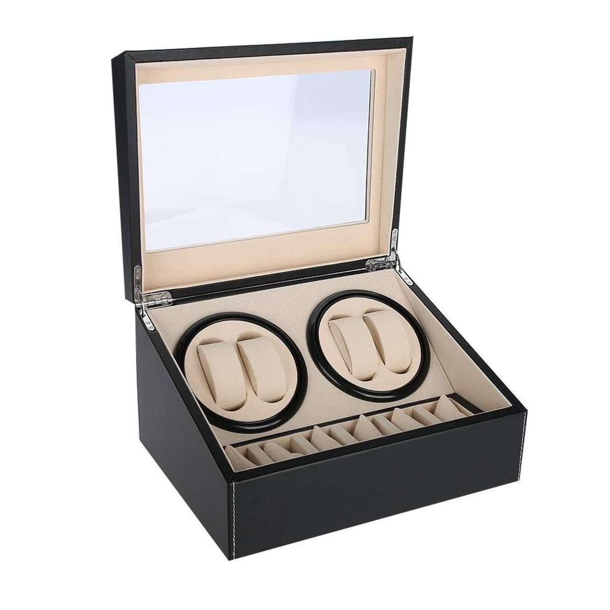 Dailygoods - Horlogeopwinder - PU Leer - Stijlvol en duurzaam - Zwart - Horlogeopslag - Voor 4 automatische horloges - 6 raster horlogeopslagbehuizing