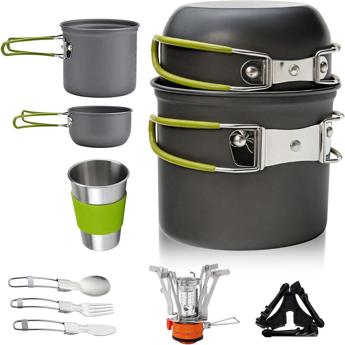 Complete Camping Servies Set, 10-delige Kookset van Aluminium, Draagbare Buitenkeuken, Opvouwbaar Bestek en Mini Campingfornuis voor Hiking, Vissen en Picknicks