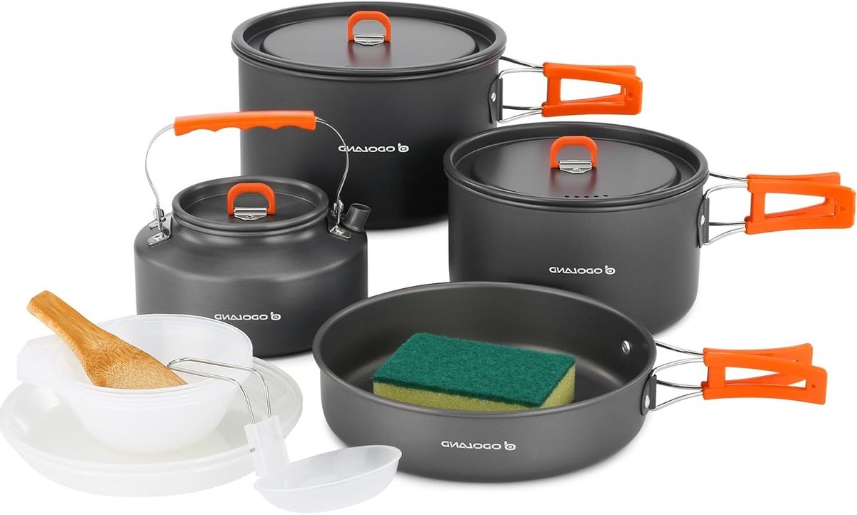 Lichtgewicht camping kookset met anti-aanbaklaag, pannen en ketel voor 4-6 personen, ideaa