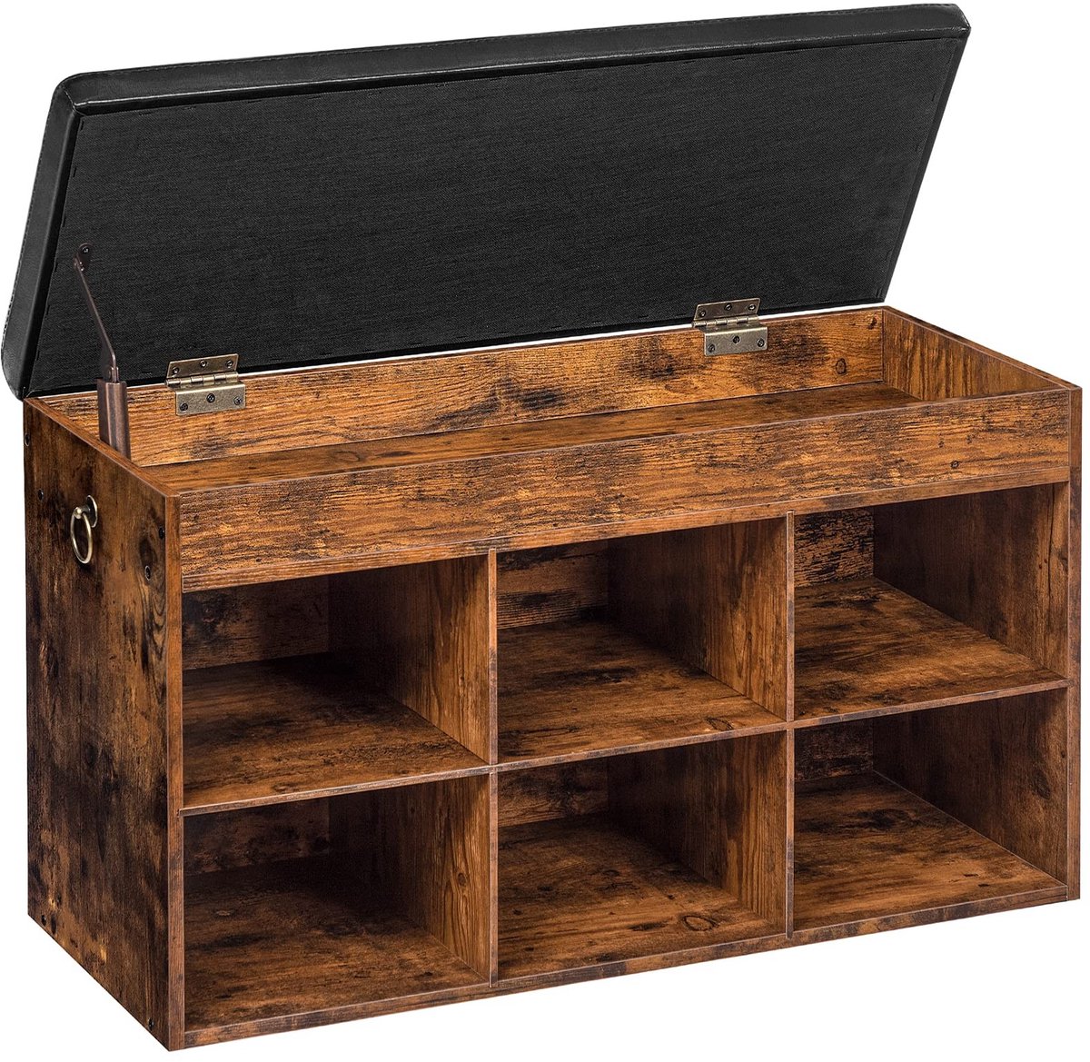 Dailygoods - Schoenenbank - Opbergbank - Gevoerde zitbank - Vintage en zwart - Schoenenrek - Voor hal en slaapkamer - 6 open vakken