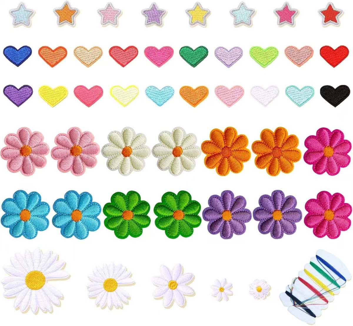 47 Kleurrijke strijkpatches met bloemen, harten en sterren — Inclusief naaiset — Ideaal voor kleding, doe-het-zelf-borduurwerk en naaiprojecten — Geborduurde stoffen applicaties — Geschikt voor jassen, spijkerbroeken, rugzakken en meer.