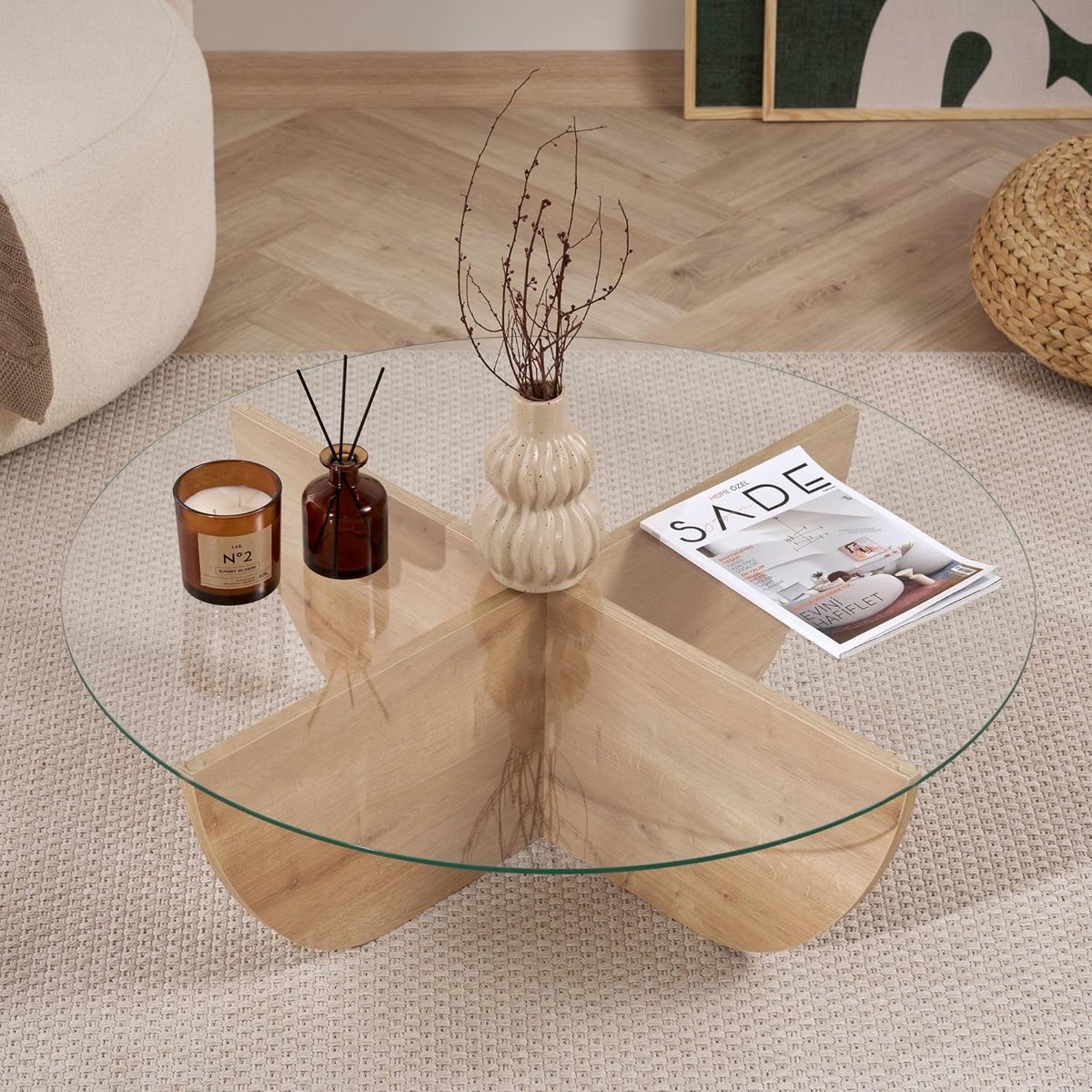Salontafel Vierkant - House&Garden Sapphire Luxe Koffietafel 90x90 cm met Gehard Glas en Saffier Eiken Look - Moderne Design Salontafel voor Woonkamer - Eikenhout Bruin