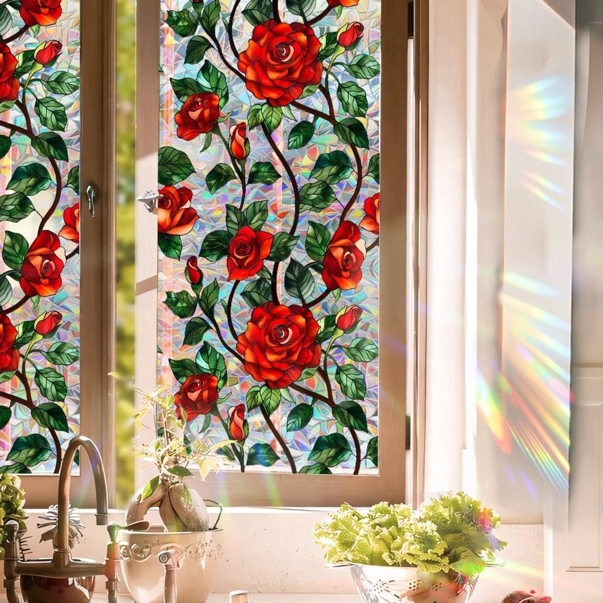Jhubersproducts - Raamfolie Regenboog - Decoratieve Raamstickers - Statisch Hechtend - Rode Roos - Glas-in-Lood Effect - Geschikt voor Huurders - 40 x