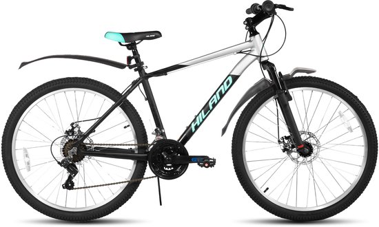 Zwart met zilverkleurig mountainbikeframe, mintgroene 'HILAND' opdruk, zadel en voorvork accenten.