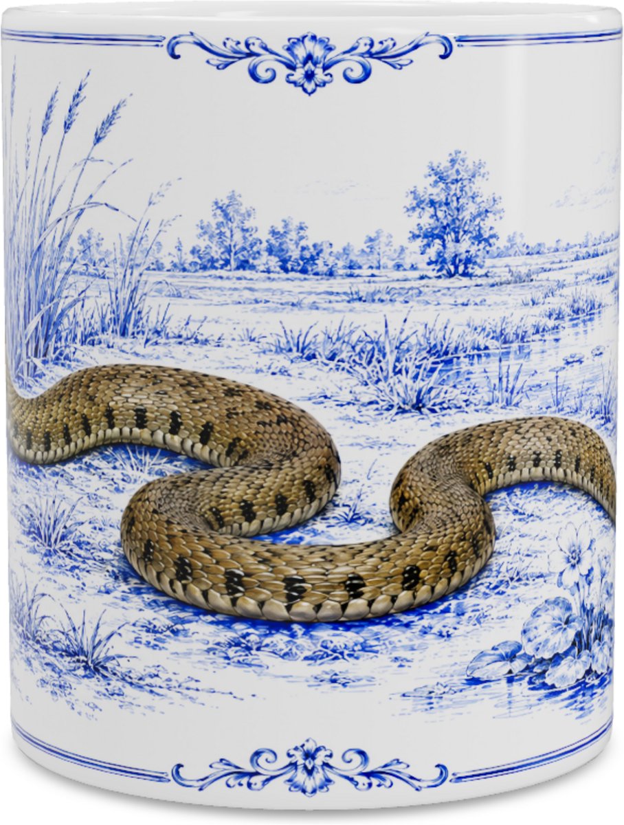 Mok - Ringelslang (Natrix natrix) - Delfts blauw - Aquarel Illustratie
