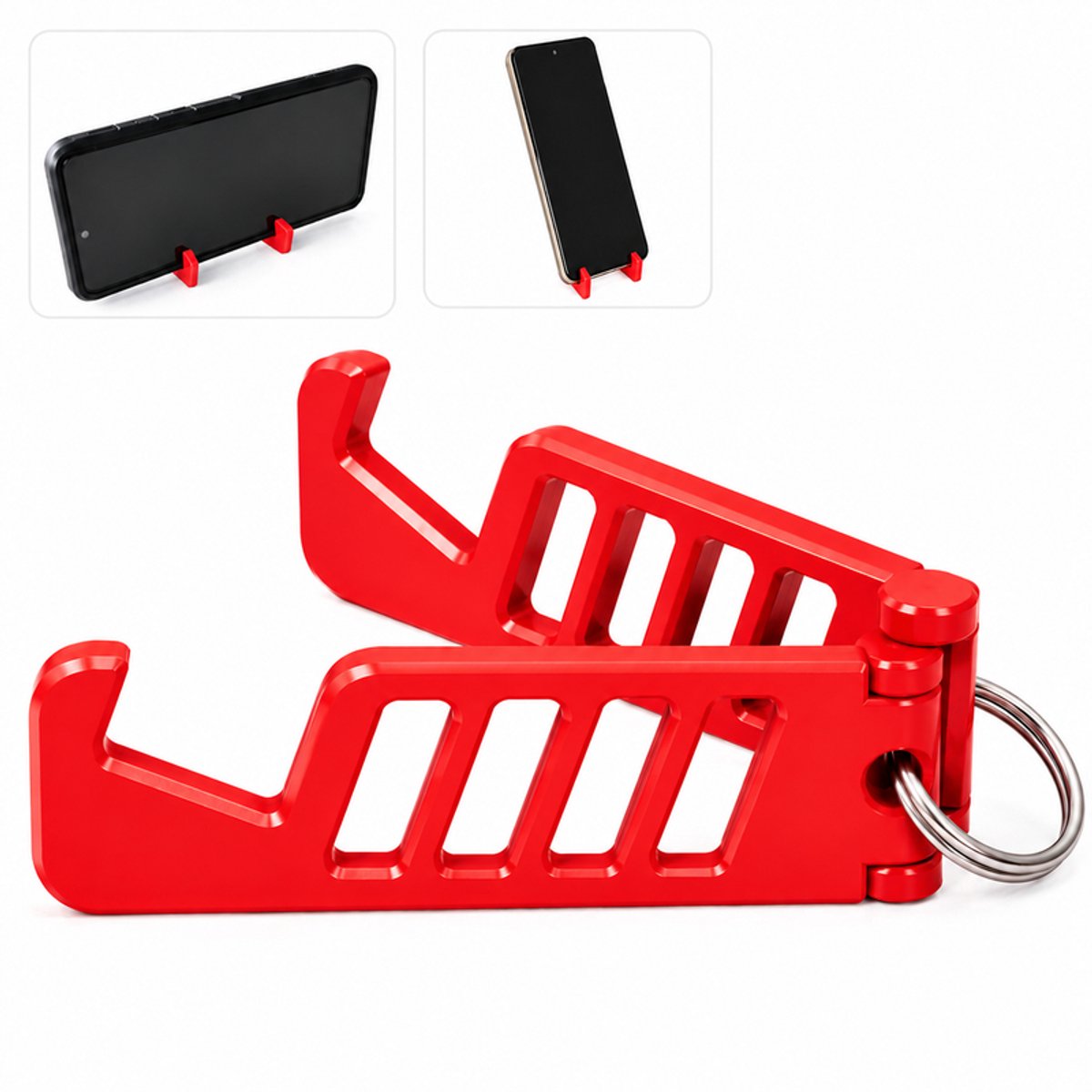 Compact Opvouwbare Telefoonhouder Sleutelhanger - Verstelbare Mobiele Telefoon Standaard Voor Smartphone - Inklapbare Bureau Houder Voor iPhone Samsung En Android - Staand En Liggend Kijken - Draagbaar Design Voor Onderweg En Reizen - Rood