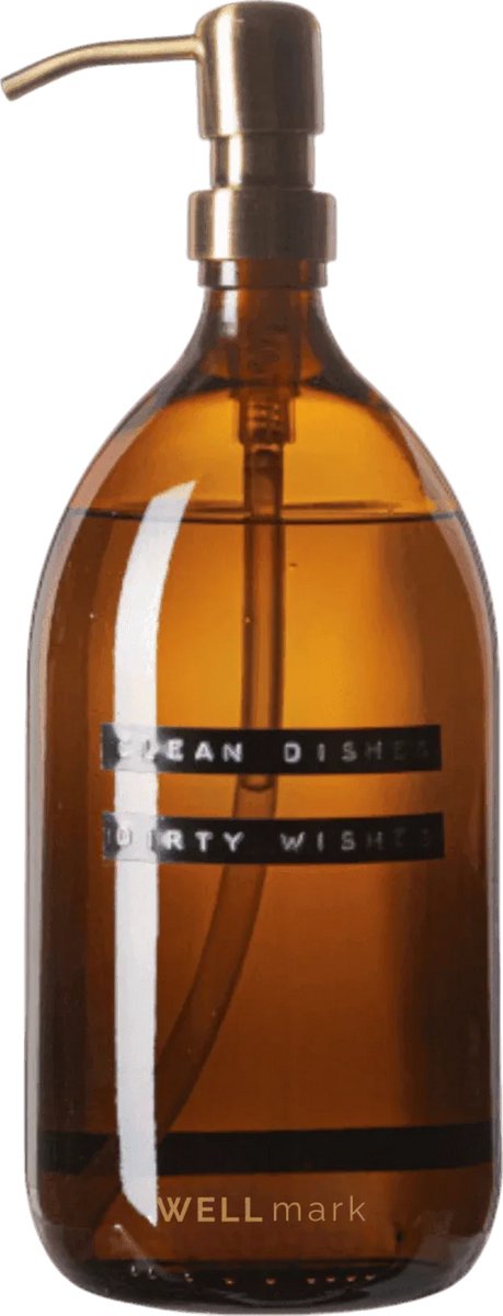 Wellmark Afwasmiddel bamboe bruin glas messing pomp 1L 'clean dishes dirty wishes'