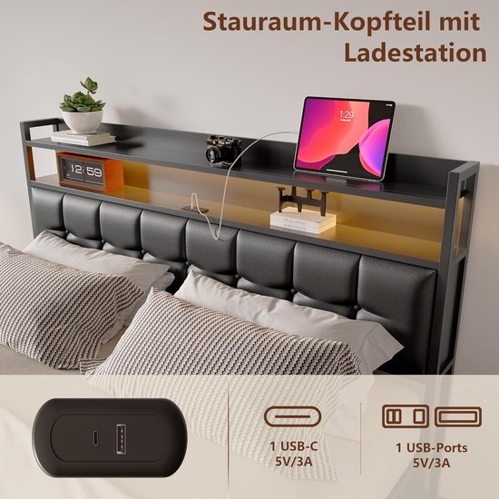 Gestoffeerd tweepersoonsbed 160x200 cm met opbergruimte, hydraulisch opklapbaar bedframe, LED-verlichting, USB & Type-C oplaadpunten, PU-leer zwart, inclusief lattenbodem – modern luxe bed voor volwassenen en jongeren – Furnitureland
