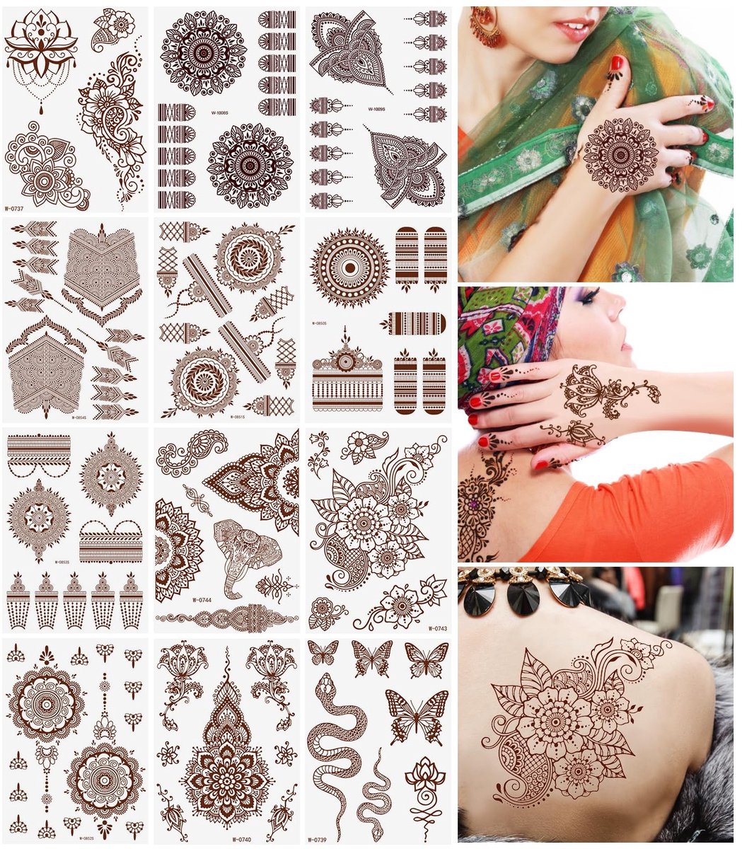 Allecto - Tijdelijke tattoo sticker - Indiase Mandala bloem - Waterdicht - Bruin rood - Body art sticker - Geschikt voor vrouwen en meisjes - 7 vellen