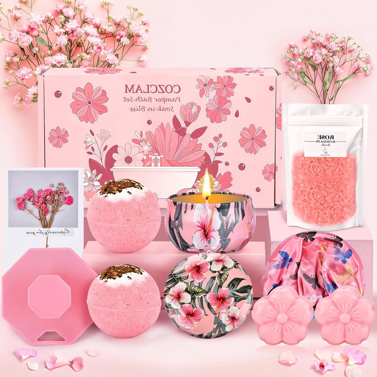 Verwen jezelf of een geliefde met een luxe badset voor vrouwen, inclusief badzout, zeep, kaars, badbommen, borstel en hoed - perfect als cadeau voor kerst, verjaardag of Valentijnsdag.
