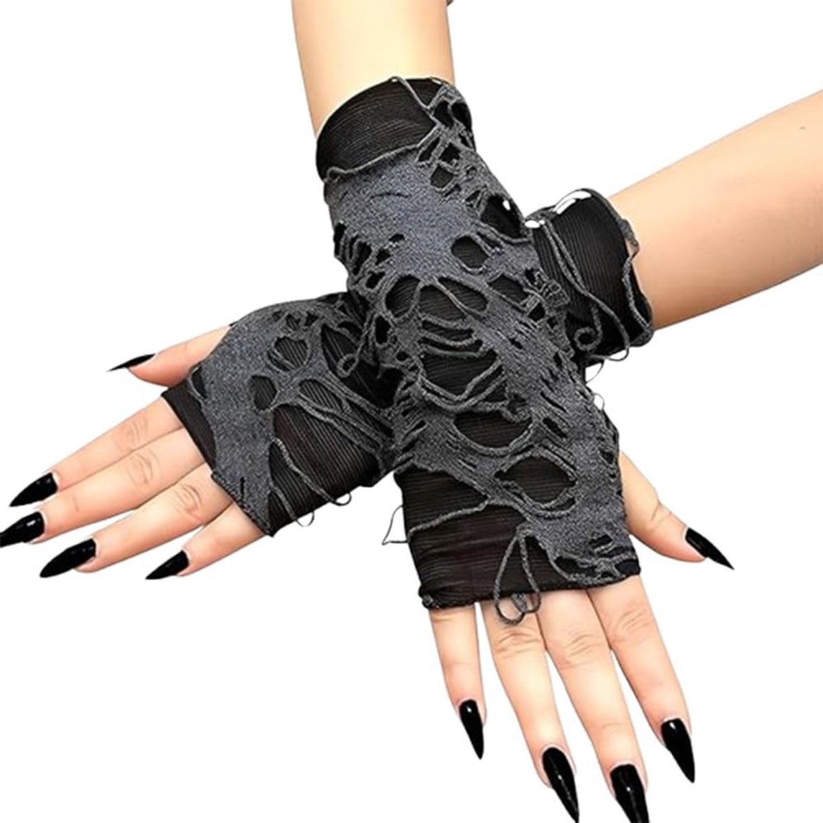 Vingerloze handschoenen voor Halloween met spinnenweb en kant, punkstijl, perfect voor kostuums en feestaccessoires, zwart, een maat