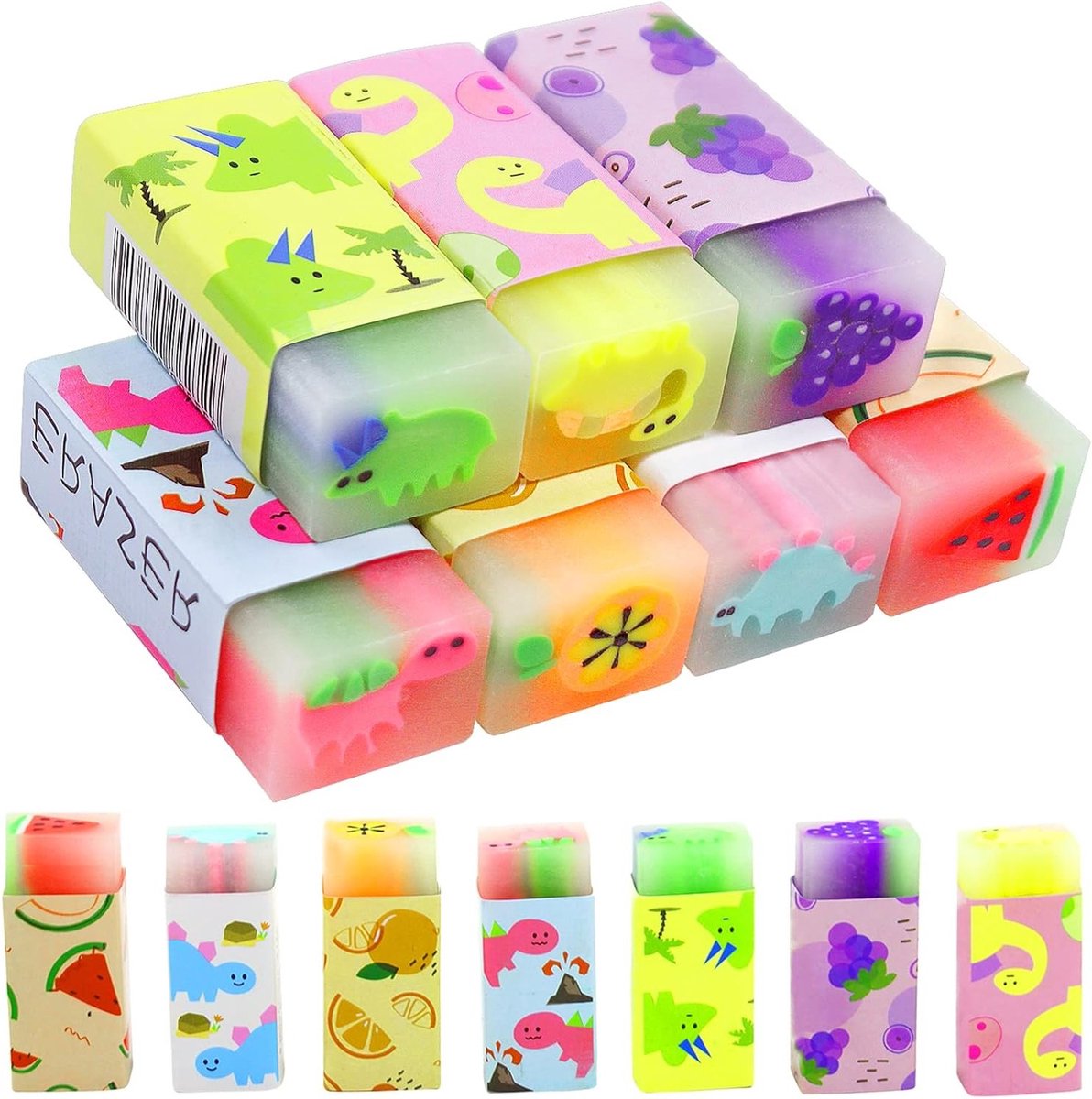 Zachte Gum Set van 7 Stuks met Dinosaurus en Fruitpatroon - Betrouwbare Gummen voor Potloden en Krijtjes, Geurige Gummen voor School en Kantoor Accessoires