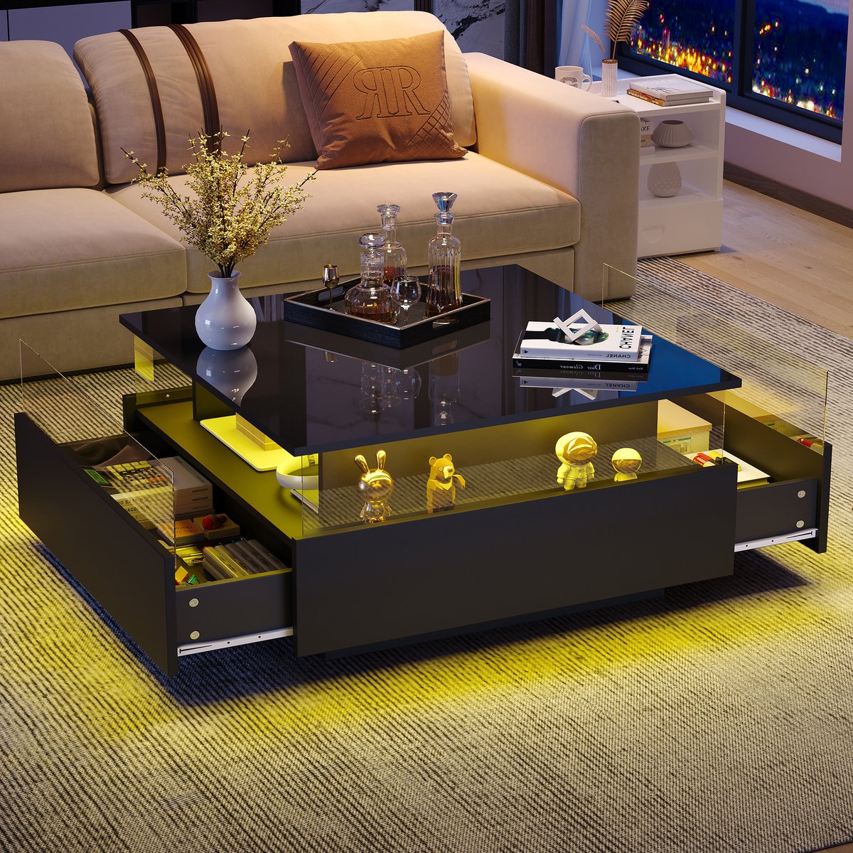 FloraGrace Salontafel - Hoogglans Met Led En 2 Lades - Voor Woonkamer - Spaanplaat Zwart - 70x70x41 Cm