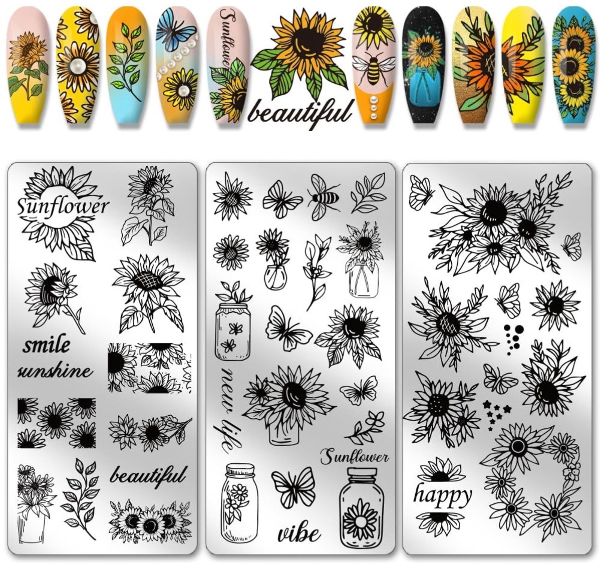 MTTProducts - Zonnebloem Nagelstempels - Nagelkunst Templates - Creatieve Manicure - 3 Stuks - Voor Vrouwen - Zomer Bloemen Design