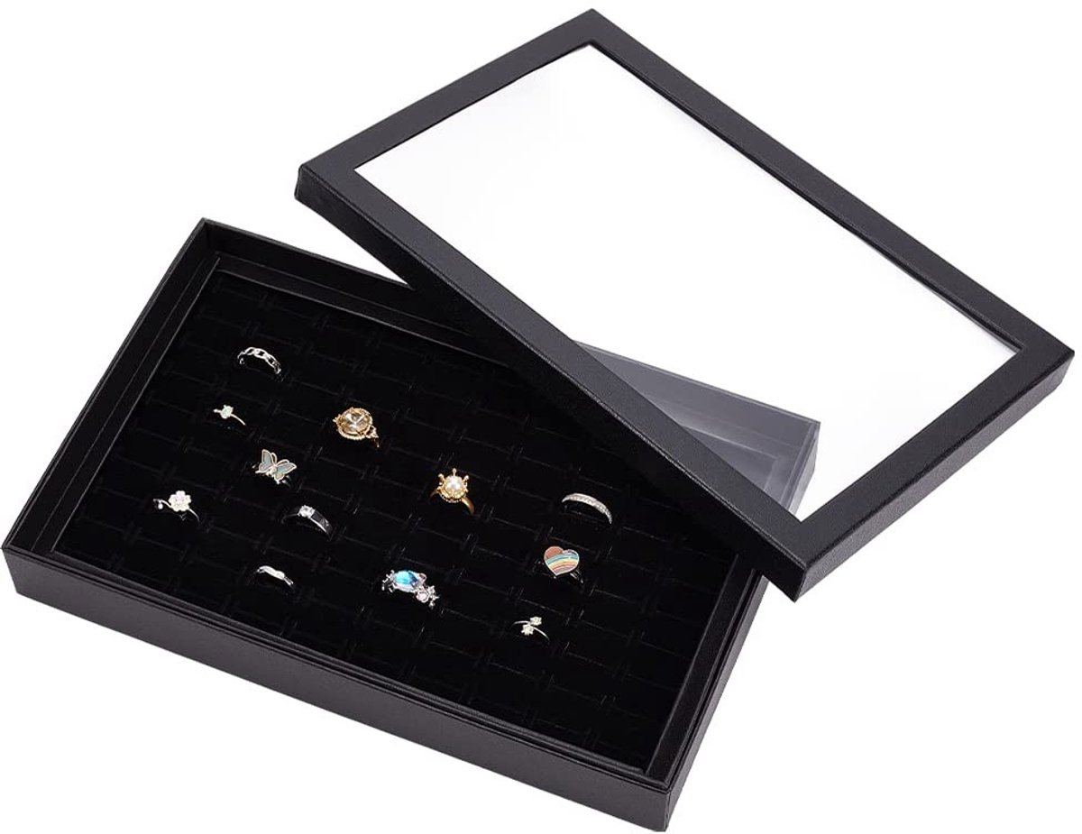 MTTProducts - Ringdisplay - Velvet Ring Showcase - 100 Slots Organizer Box - Transparante Deksel - Sieradenopslag - Geschikt voor Vrouwen - 28.5 x 18.3...