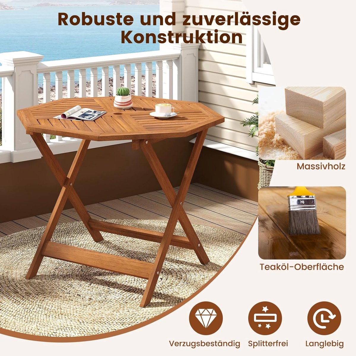 Tuintafel hout 90 cm – Meuble Paris achthoekige massief houten eettafel voor buiten met parasolgat – weerbestendige balkon- en terrastafel 4 personen – naturel teak look tuinmeubel