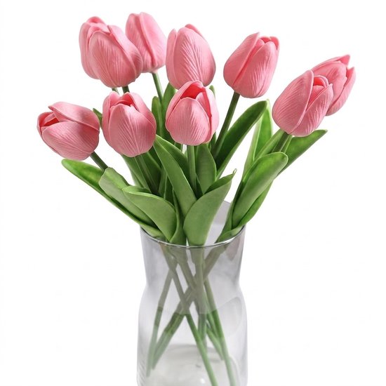 Roze kunstbloemen tulpen set van 7 stuks kunstbloemen decoratie voor vaas tafel interieur bruiloft bloemstuk