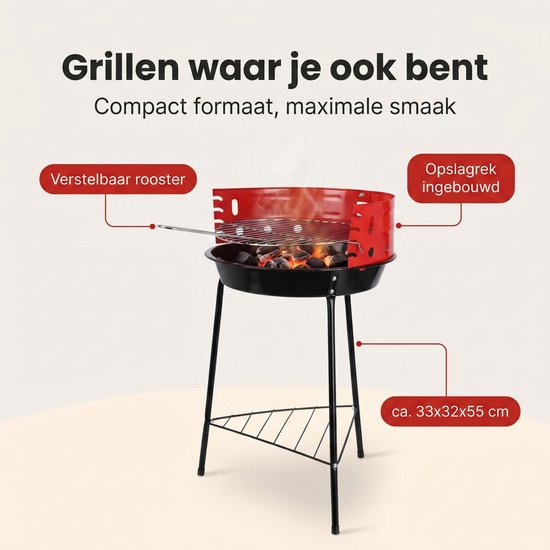 Cheqo® Houtskoolbarbecue - Houtskool Barbecue - Ronde Barbecue - Staande Barbecue - Houtskoolgrill - Tuinbarbecue - Compacte Barbecue voor Balkon en Camping - Barbecue met Verstelbaar Rooster - Houtskool BBQ - Zwart en Rood van Merkloos — afbeelding 3