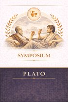 Twee mannen in Romeinse kledij heffen hun glazen in een toast. Boven hen staat 'SYMPOSIUM PLATO'.
