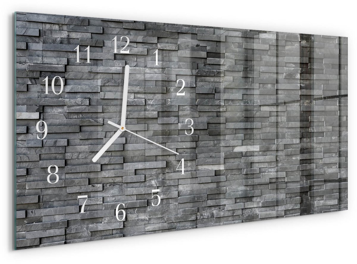 TULUP Wandklok - Stenen constructie Klok Glas Met Opdruk - 60x30 cm - Grijs Moderne Wandklok Glas - Witte Handen - Rechthoekige Wandklok - Decoratieve Glazen Klok - Glazen Wandklok Design Grijs - Stenen constructie