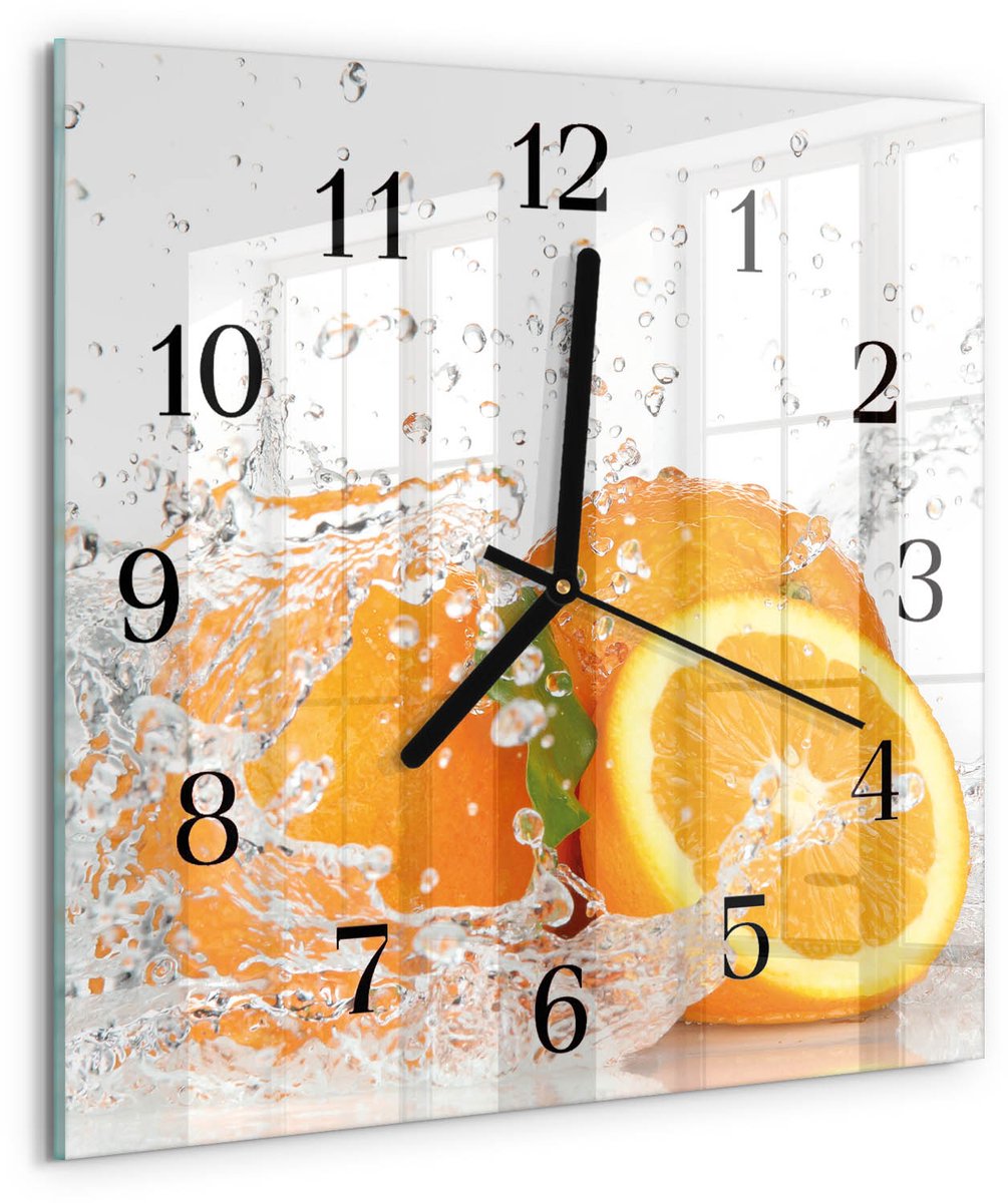 TULUP Wandklok - sinaasappels Glazen Klok Met Print - 30x30 cm - Oranje Moderne Glazen Wandklok - Zwarte Handen - Vierkante Wandklok - Glazen Klok Met Print - Wandklok Glas Met Motief Oranje - sinaasappels