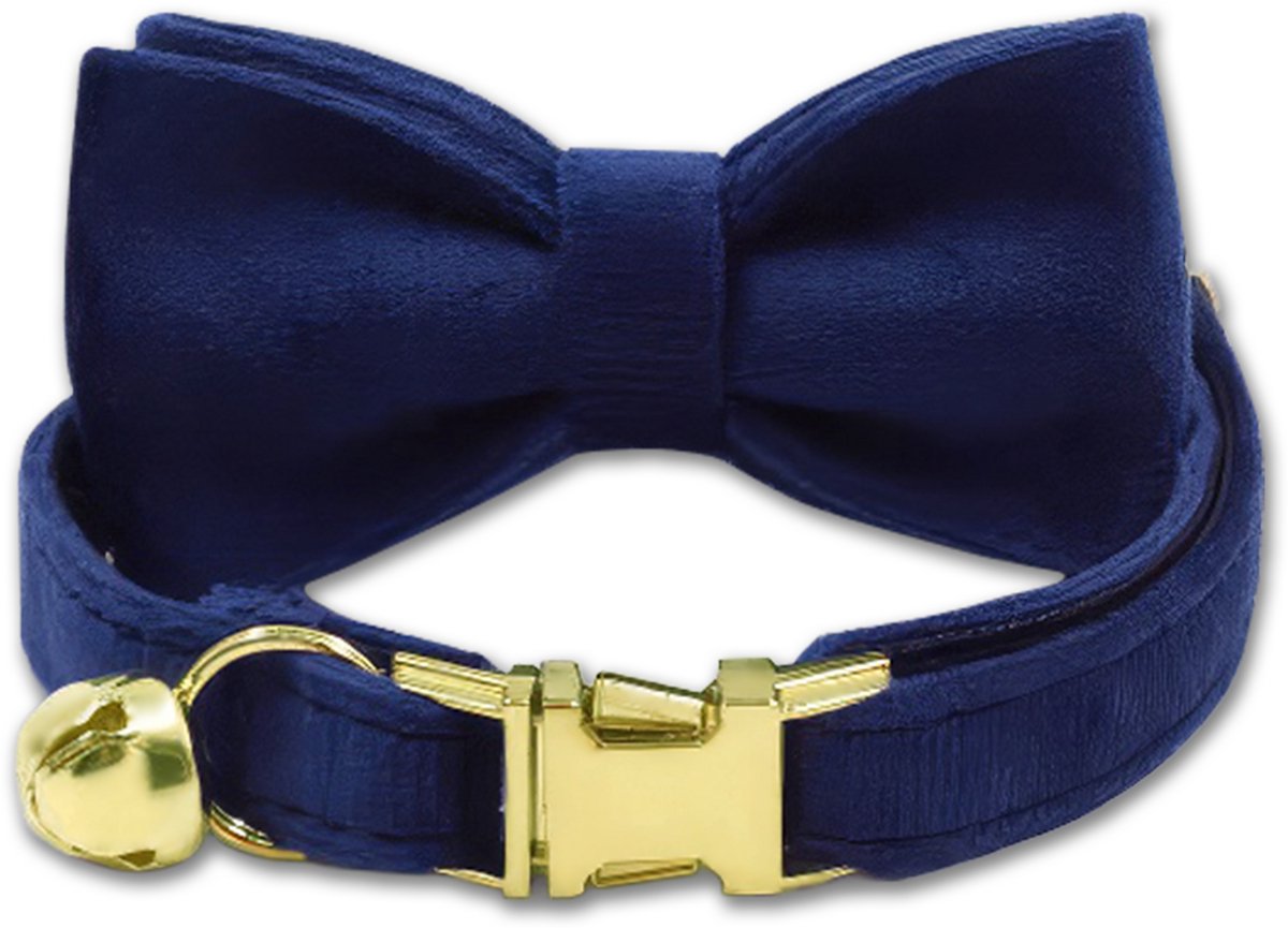 LUQ – Kattenhalsband Blauw met Strik – Premium Velvet – Gouden Belletje – Verstelbaar tot 32cm – Luxe Gouden Sluiting