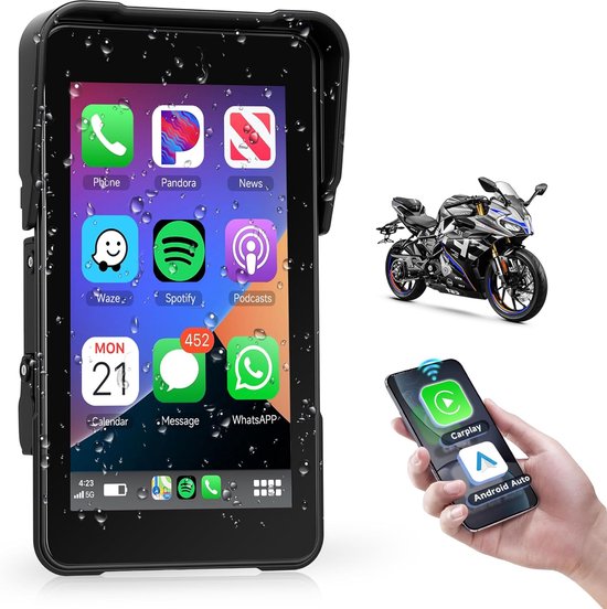 Draadloos CarPlay Scherm Motorfiets 5 Inch – Android Auto – Waterdicht Touchscreen – Siri – Bandendrukregeling – GPS Navigatie