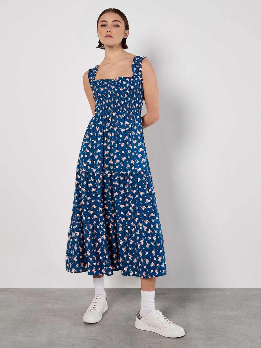 Midi-jurk met smockwerk en kleine bloemenprint