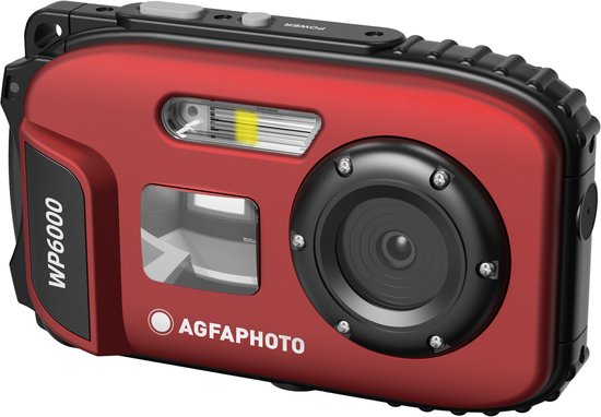 Rode AgfaPhoto WP6000 digitale camera met lens en flitser aan de voorzijde.