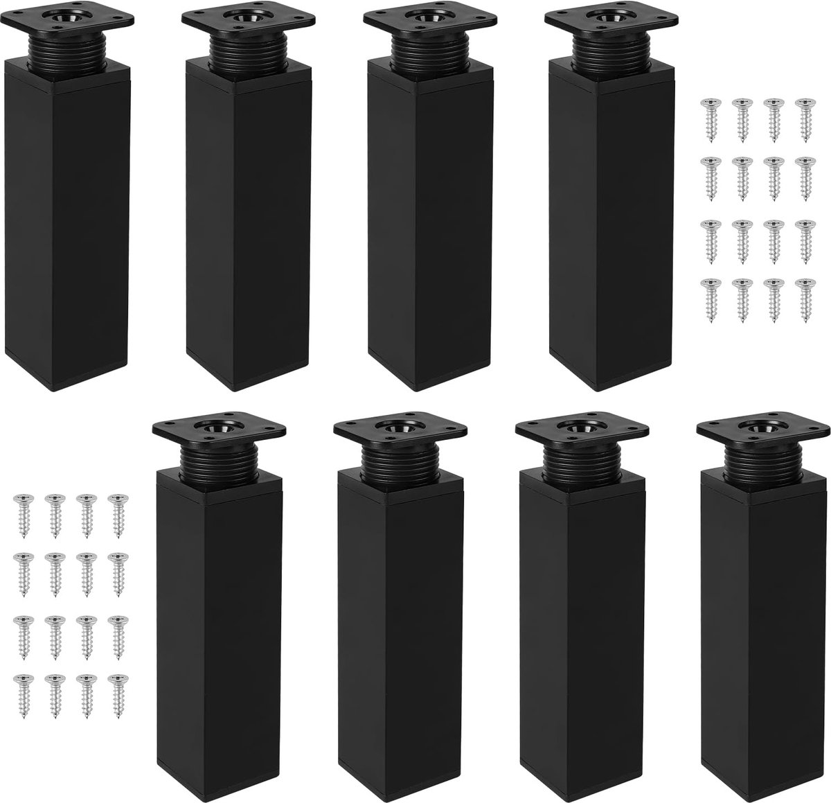 carmdering - Verstelbare Meubelpoten - Vierkante Pootjes - Aluminium Legering Meubelonderdelen - Hoogteverstelling 0-20 Mm - Draagkracht 30 Kg Per Stuk - Aluminium En Kunststof - Krasbestendig Matzwart - Beschermt Vloer Tegen Krassen - 8 Stuks