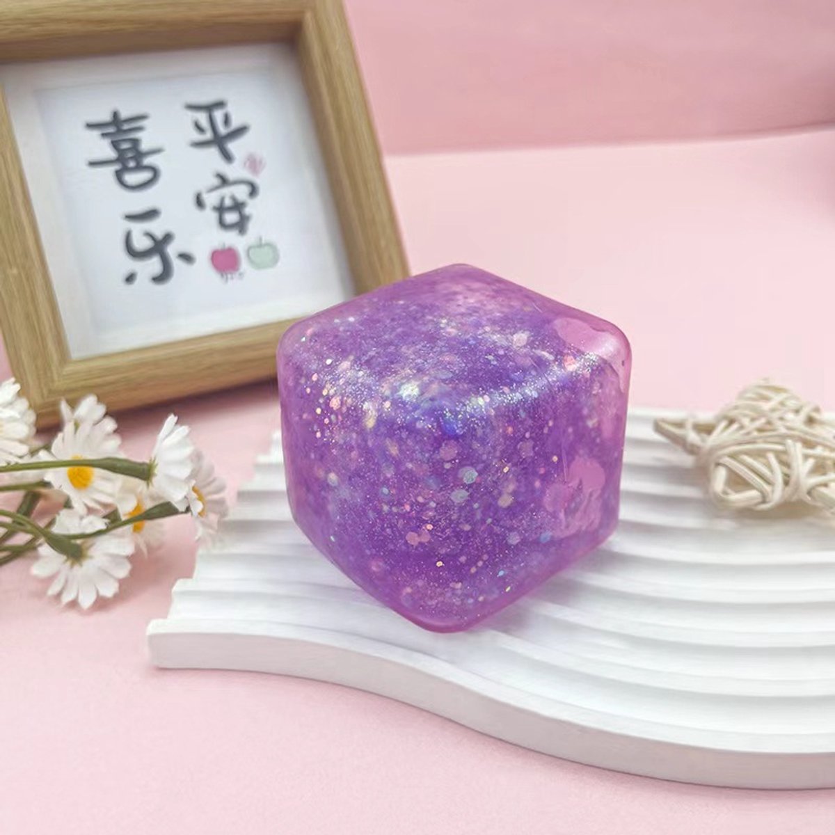 Daity 1-delige squishy kubus – vierkante glinsterende squishy – groot ijsblokje squishy – knijpbare squishy – squishy tegen stress en angst – sensorische squishy