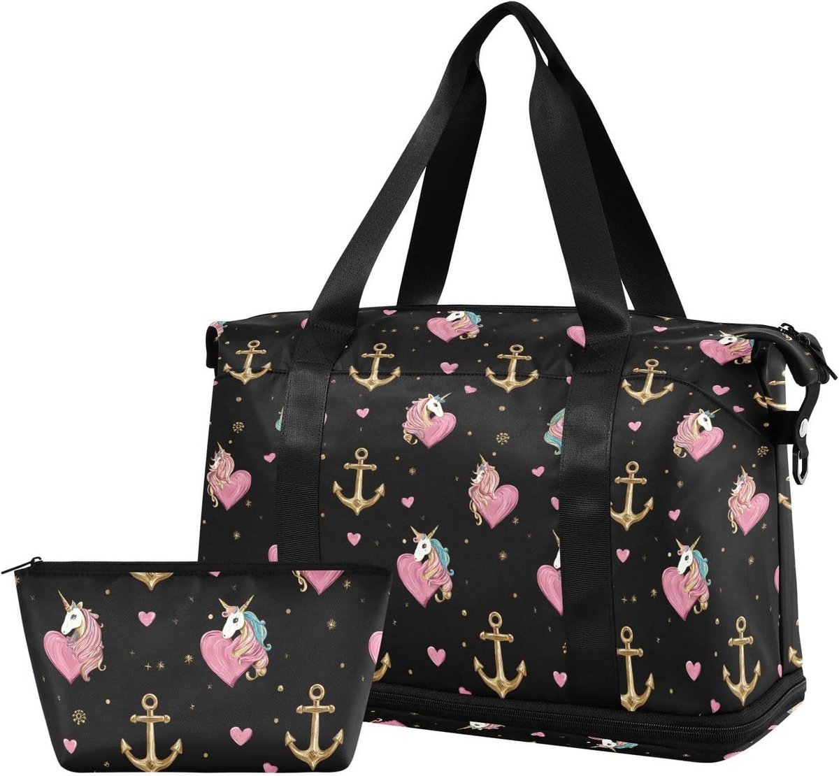 Sport Plunjezak Set - Weekendtas Gymtas - Reizen Sporten - Grote Capaciteit - 2 stuks - Grappige Ocean Eenhoorns Hart