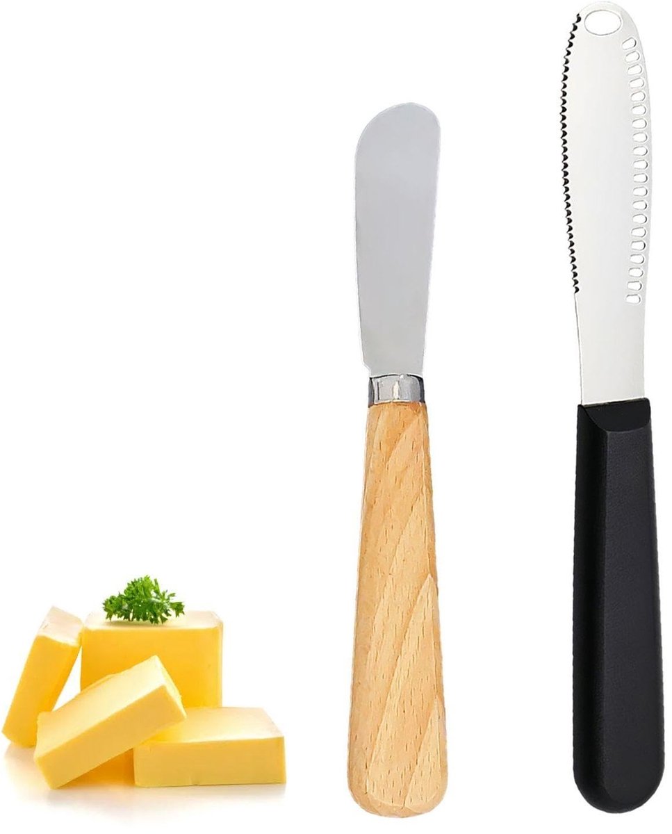 MTTproducts- Botermes Gekarteld - Botermes Houten Handvat - Roestvrij Staal - Vaatwasserbestendig - Keukenapparaat - 4 Inch Maat - Boterdistributeur