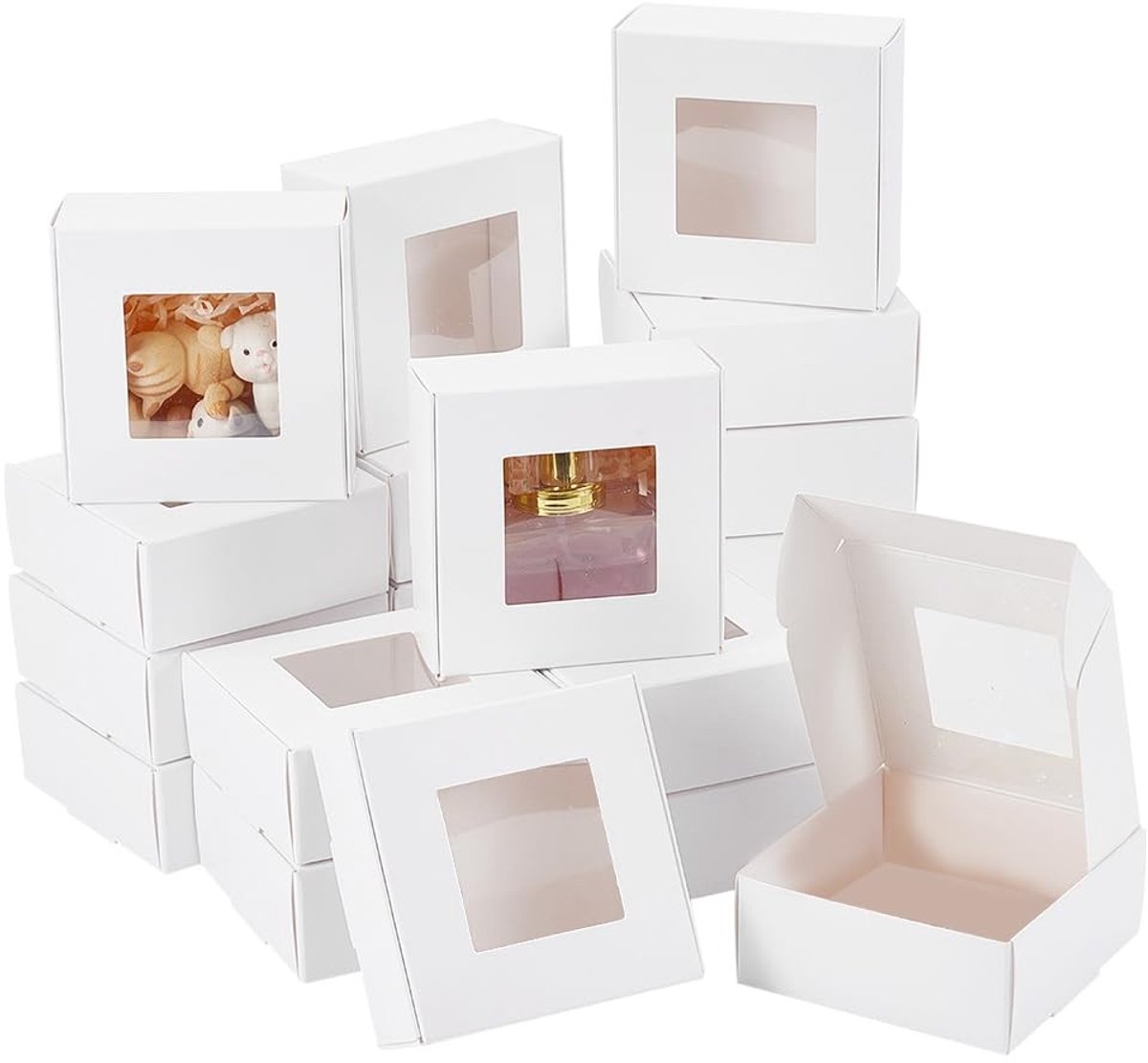 NTH products- Geschenkdozen 28 stuks - Kraftpapier met venster - Cadeauverpakking voor snoep/cake - Witte bakkerijdozen - 8,5 x 8,5 x 3,5 cm - Praktisch en handig