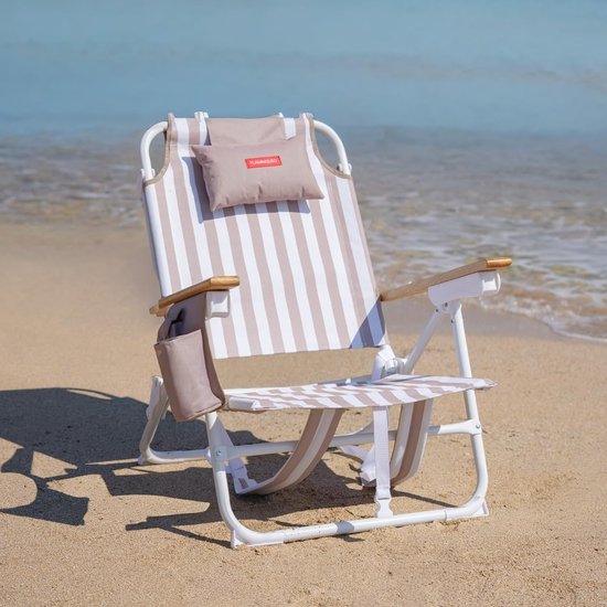 Strandstoel Opvouwbaar - Lounge Stoel - Ontspannen Buiten - 5-voudig Verstelbaar - 64 x 61 x 78 cm - Beige Gestreept — afbeelding 2