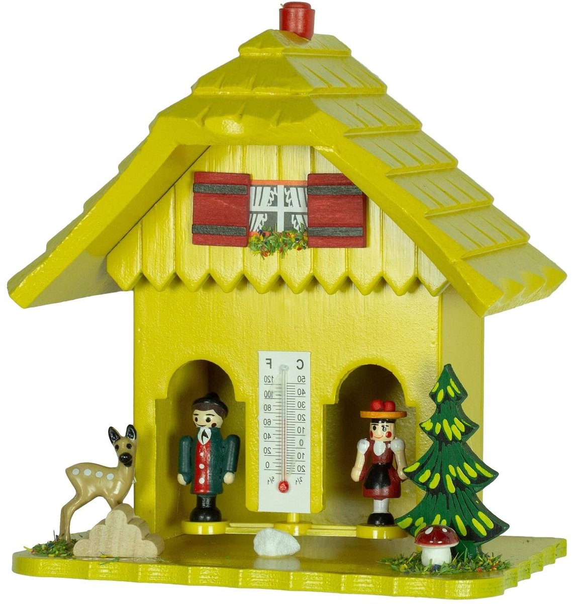 Weerhuisje Hout - Weerstation Figuur - Weersvoorspelling Tonen - Vochtgevoelige Darm - 14 x 16 x 9 cm - Geel