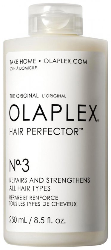 Flesje Olaplex Hair Perfector No. 3 met tekst 'REPAIRS AND STRENGTHENS ALL HAIR TYPES'.