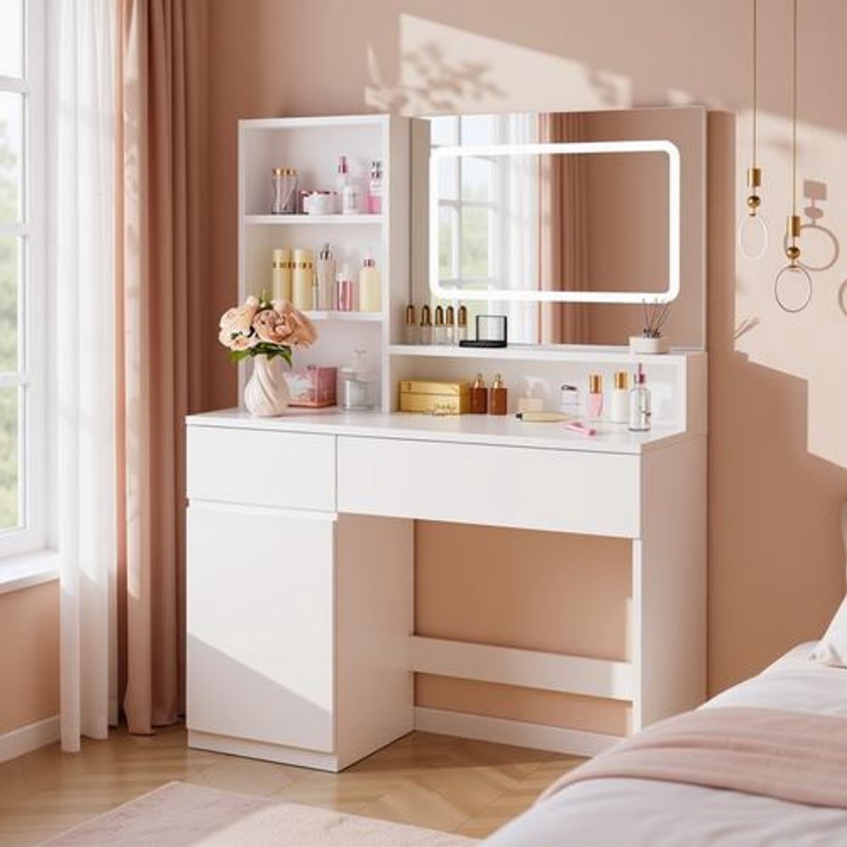 Make-uptafel met LED-spiegel, 3 lichtstanden instelbare helderheid, 2 laden en open planken, 90x40x135 cm, wit