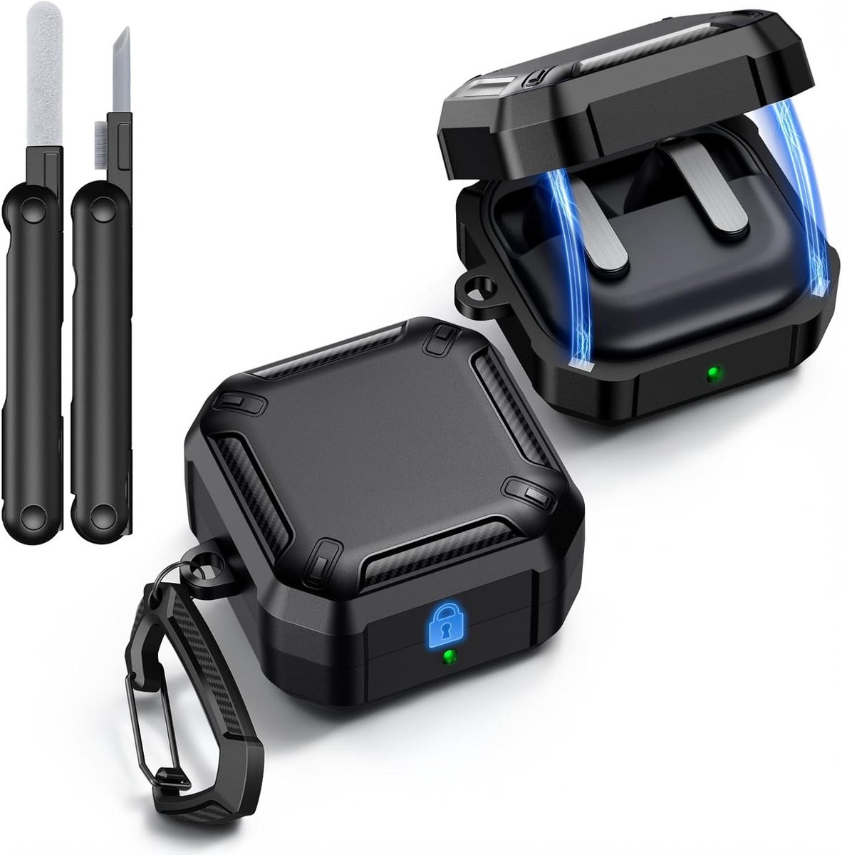 Beschermende Hoes voor Samsung Galaxy Buds 4 Pro en Galaxy Buds 4 met Magneetsluiting, Sleutelhanger en Schoonmaakset, Schokbestendige Volledige Bescherming, Cyber Series, Zwart