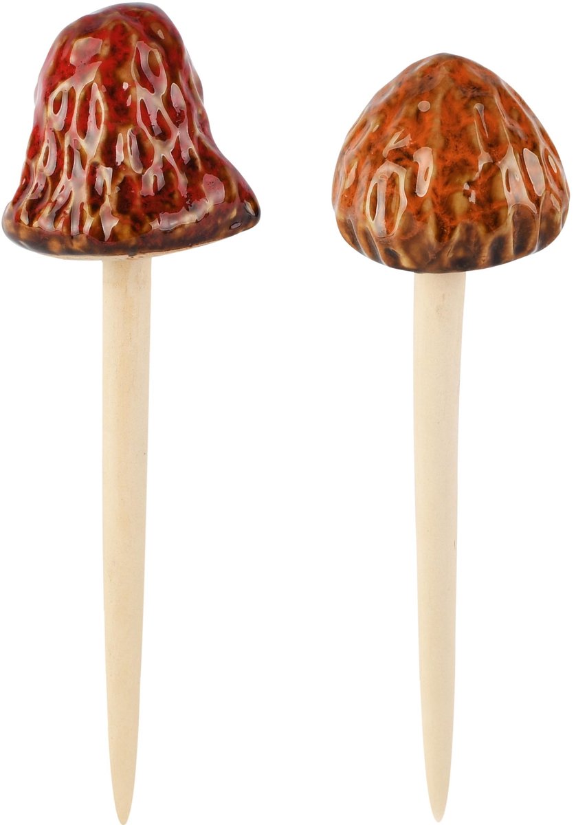 Dekoratief | Tuinprikker paddenstoel, keramiek/hout, 6x6x20cm, set van 2 stuks | A265819