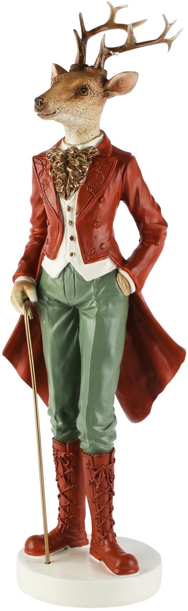 Dekoratief | Hert staand m/wandelstok, rood/groen, resina, 13x12x42cm | A265415