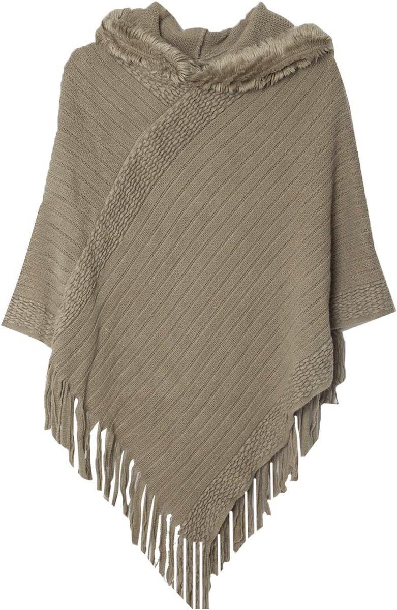 JFAN Winterponcho met capuchon voor dames, gehaakt met franjes, poncho's, dames, elegant, gebreide capes, pompon, hoodie, warme sjaal