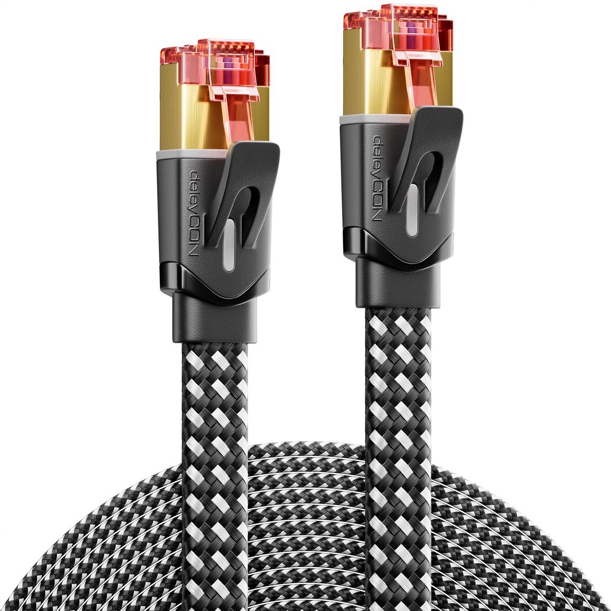 deleyCON 2m Cat7 Network Cable Flat Nylon (10Gbps, Copper Conductor) Ethernet LAN Cable - Flat Cable RJ45 Plug - Patch Cable for DSL, Router, Internet, Wifi - Black